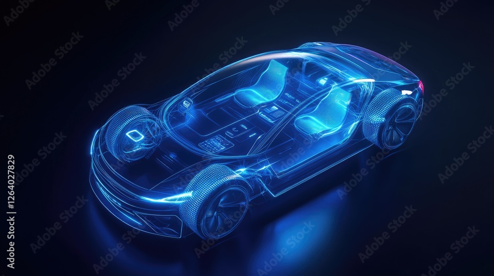 Poster a futuristic rendering of a holographic smart car interface glowing in blue, showcasing innovative t