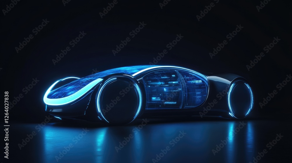 Poster a futuristic rendering of a holographic smart car interface glowing in blue, showcasing innovative t