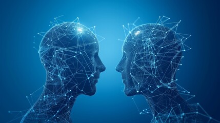 Obraz premium A striking digital illustration of two human heads facing each other, connected by a complex neural network of glowing blue nodes and lines, representing artificial intelligence and communication. AI