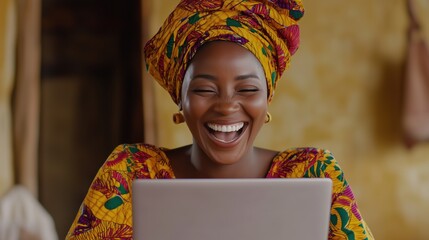 Digital Joy: A woman in vibrant traditional attire laughs heartily at her laptop screen, radiating happiness and the transformative power of technology.
