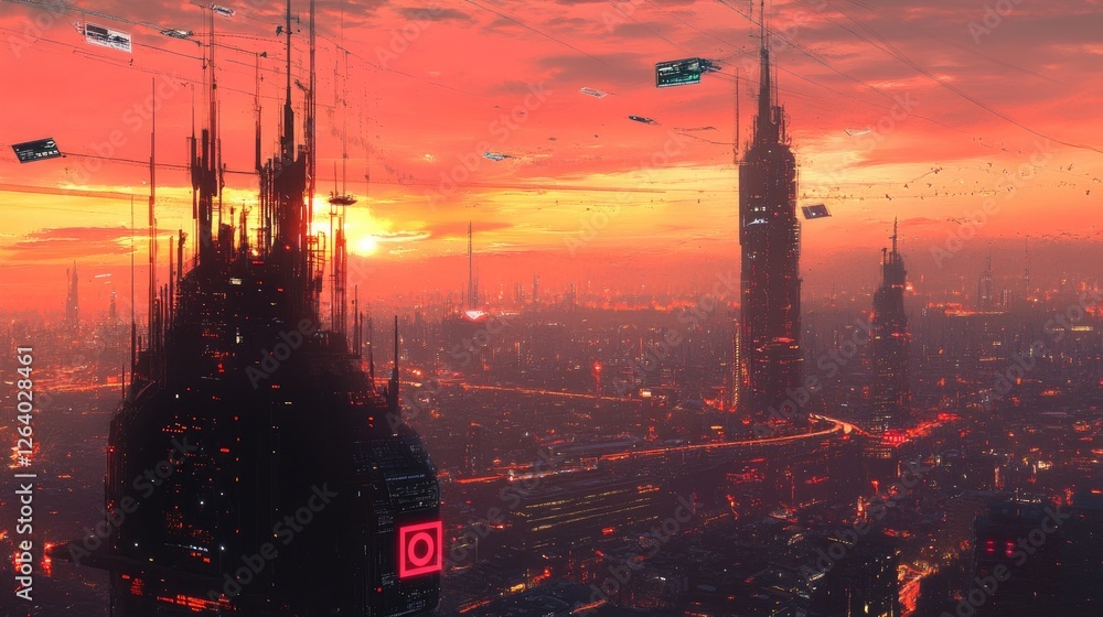 Aufkleber a futuristic view of the city skyline with telecommunication towers and networking lines, showcasing
