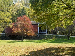 Red wooden covered bridge near Rockville, Indiana