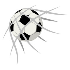 Vector illustration of soccer ball inside net on white background.
