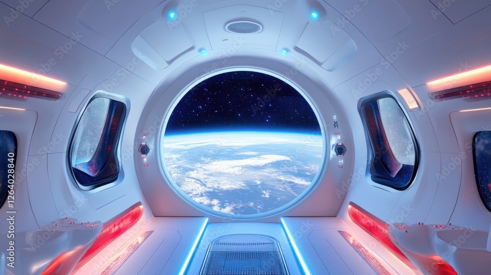 Poster a futuristic white spaceship interior with glowing blue and red lights, offering a stunning view of 