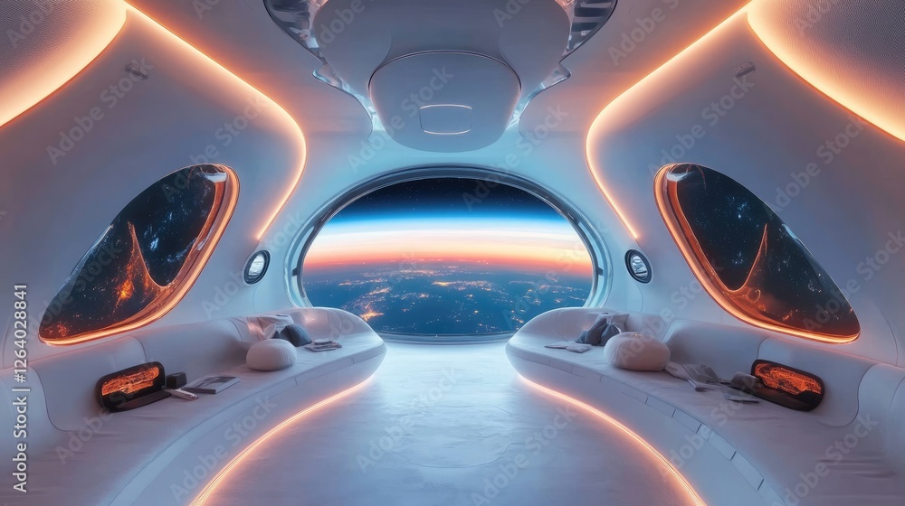 Poster a futuristic white spaceship interior with glowing blue and red lights, offering a stunning view of 