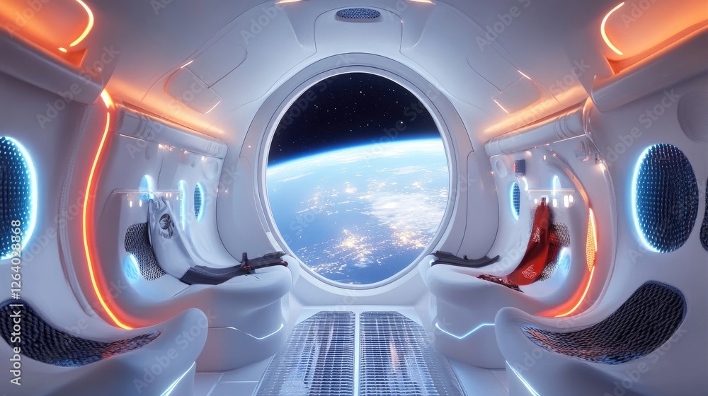 Poster a futuristic white spaceship interior with glowing blue and red lights, offering a stunning view of 