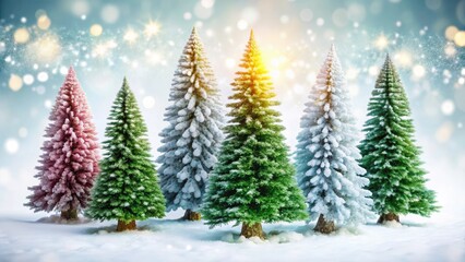 Obraz premium Winter Wonderland Fashion Photography: Snowy Evergreen Trees, Fashion Shoot, White Background, Isolated Trees, Cold Weather Style