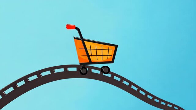 Black Friday Shopping Concept With Creative Illustration Of Shopping Cart On Roller Coaster Track Against Blue Background Symbolizing Retail Excitement And Dynamic Consumer Experience