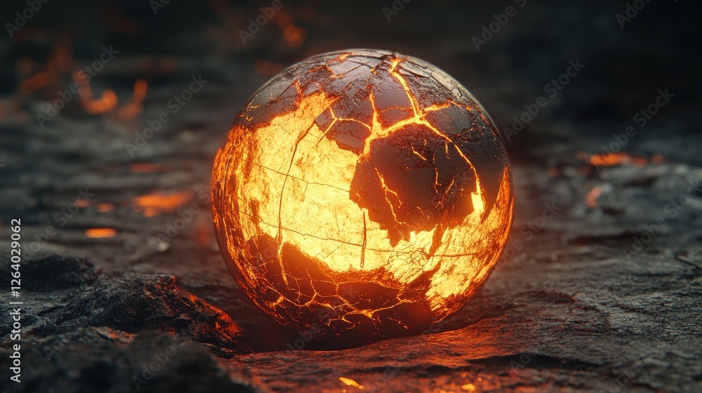 Poster a glowing, cracked globe emitting heat waves in 3d, symbolizing the pressing issue of global warming