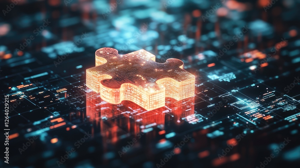 Poster A glowing digital puzzle piece sits atop a reflective surface, representing connection in a futuristic, data-driven world.