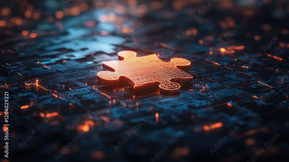 Poster A glowing digital puzzle piece sits atop a reflective surface, representing connection in a futuristic, data-driven world.