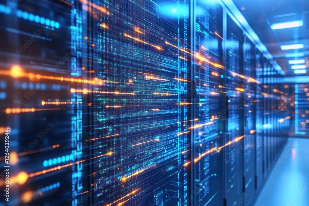 Poster data center with glowing servers and digital streams