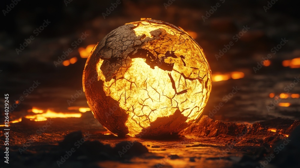 Poster A glowing globe with cracked surfaces and rising heat waves, illustrating the effects of global warming in an abstract 3D design with a powerful visual impact.