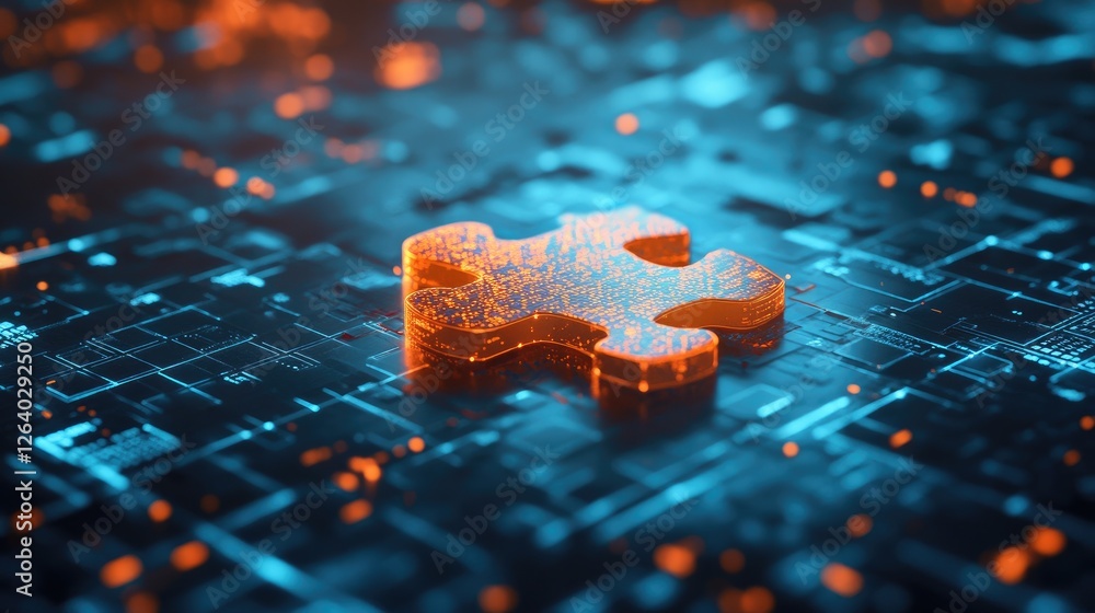 Poster A glowing digital puzzle piece sits atop a reflective surface, representing connection in a futuristic, data-driven world.