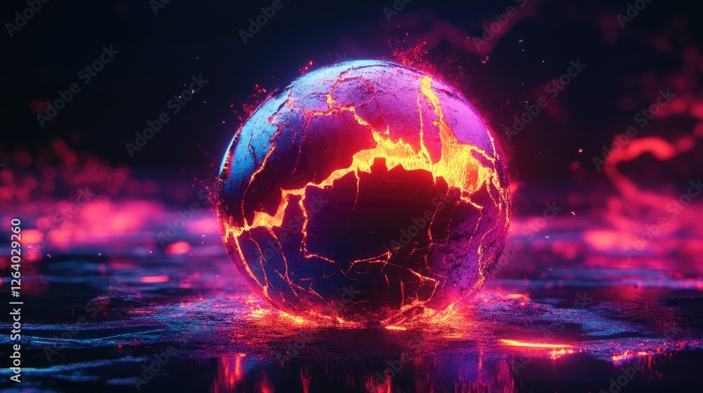 Poster a glowing globe with cracked surfaces and rising heat waves, illustrating the effects of global warm