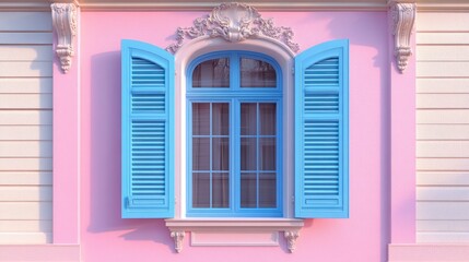 Fototapeta premium Pastel pink building, open blue shutters, arched window, sunlight, design
