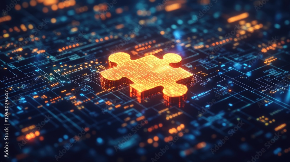 Poster A glowing puzzle piece floating above others, surrounded by binary code and digital elements, symbolizing problem-solving.