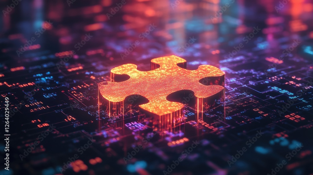 Aufkleber A glowing puzzle piece floating above others, surrounded by binary code and digital elements, symbolizing problem-solving.