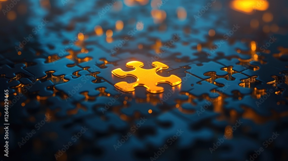Poster A glowing puzzle piece placed in the center of a reflective surface, surrounded by other pieces, showcasing data flow and connection.