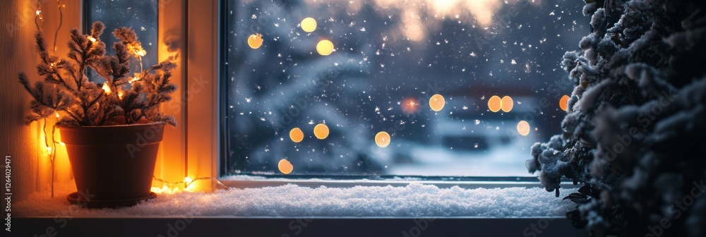 Poster snow falls softly on a cozy winter window adorned with lights and a potted plant during twilight. ge