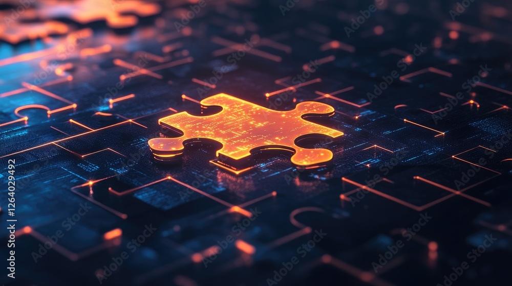 Poster A glowing puzzle piece placed in the center of a reflective surface, surrounded by other pieces, showcasing data flow and connection.