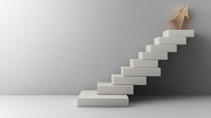 Gold arrow atop ascending white stairs in minimalist room; growth concept