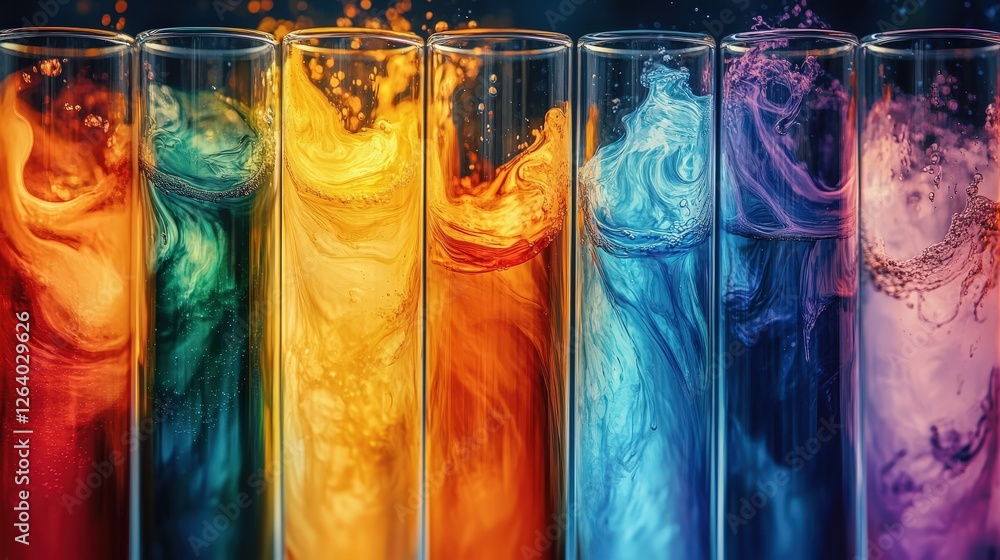Poster row of colorful liquids in glasses creating a vibrant and dynamic visual display