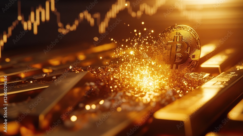 Poster a golden bitcoin smashing on gold bars with a fluctuating market graph in the background, illuminate
