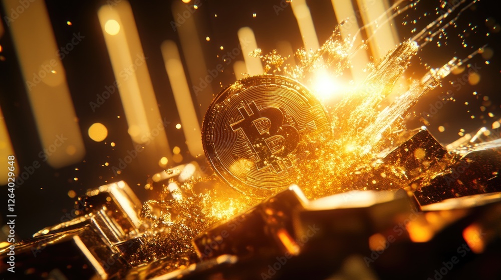 Poster A golden bitcoin smashing on gold bars with a fluctuating market graph in the background, illuminated by a bright light.