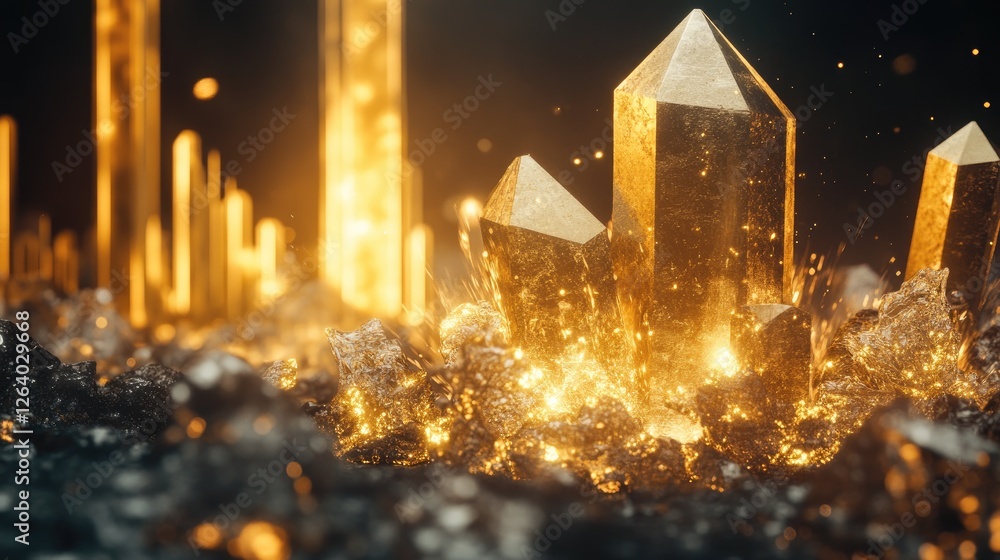 Poster A golden bitcoin splitting into pieces in a dim scene, with a glowing light source illuminating a gold bar backdrop and market graph.