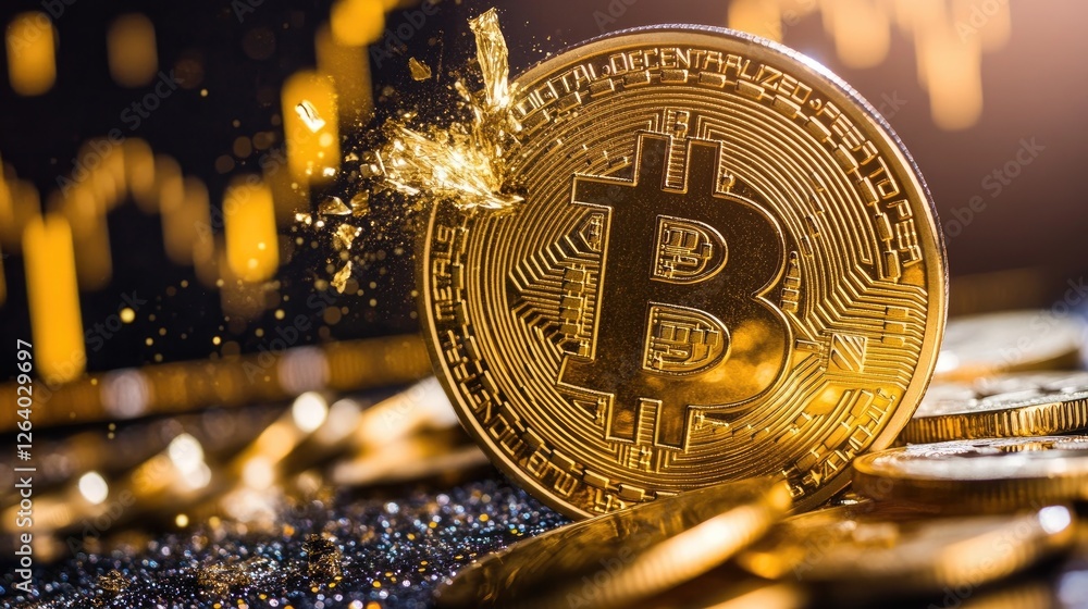 Poster A golden bitcoin splitting into pieces in a dim scene, with a glowing light source illuminating a gold bar backdrop and market graph.