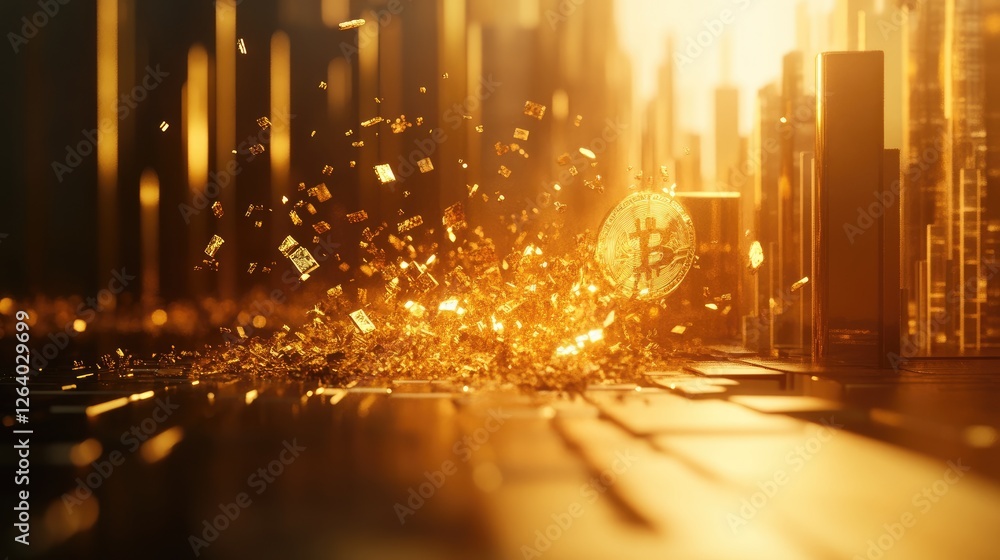 Aufkleber A golden bitcoin splitting into pieces in a dim scene, with a glowing light source illuminating a gold bar backdrop and market graph.