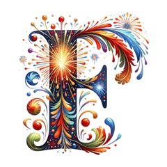 Fireworks Letter F: A vibrant and festive letter F, adorned with exploding fireworks and colorful floral designs, creating a dazzling display of artistry and celebration.