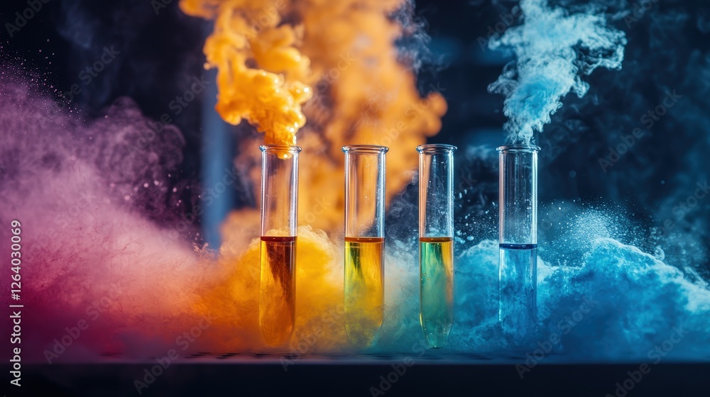 Poster group of test tubes filled with colorful liquids in a laboratory setting