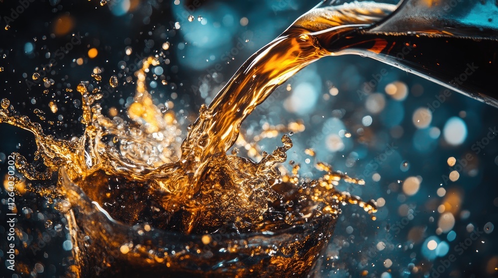Poster a high-quality close-up of coffee being poured, showing the splashes and textures as the liquid meet