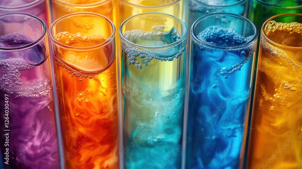 Aufkleber row of colorful liquids in clear glass bottles displayed on a solid surface