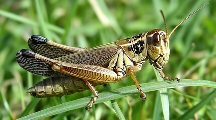 Grasshopper on grass blade, close-up. Green background.  Nature stock photo
