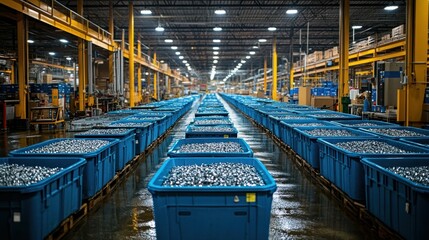 Factory floor, metal parts bins, production line, industrial facility, mass manufacturing