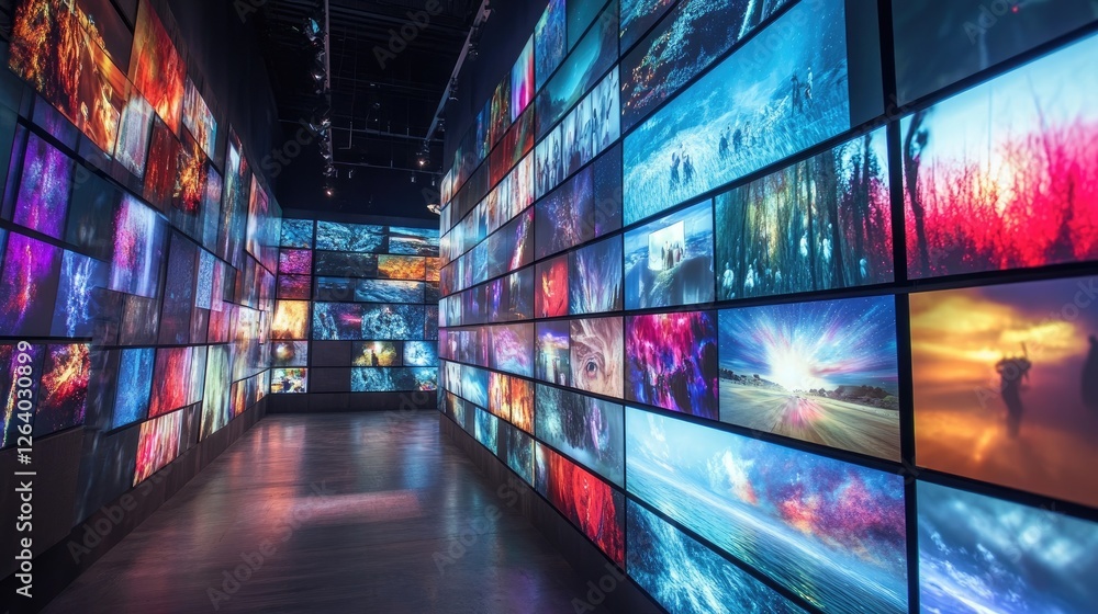 Poster a large multimedia wall of tv screens displaying vibrant videos and images, creating an immersive di