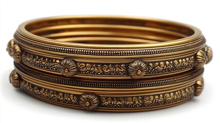 Elegant stack of intricately designed golden bangles showcasing detailed craftsmanship