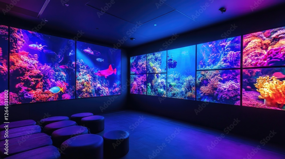 Poster a large-scale multimedia tv wall featuring vivid videos and high-quality images across multiple scre