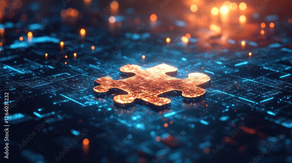 Fototapete A luminous puzzle piece hovering over a sea of digital fragments, representing connection and innovation in a data-driven environment.