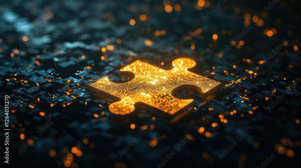 Poster A luminous puzzle piece hovering over a sea of digital fragments, representing connection and innovation in a data-driven environment.