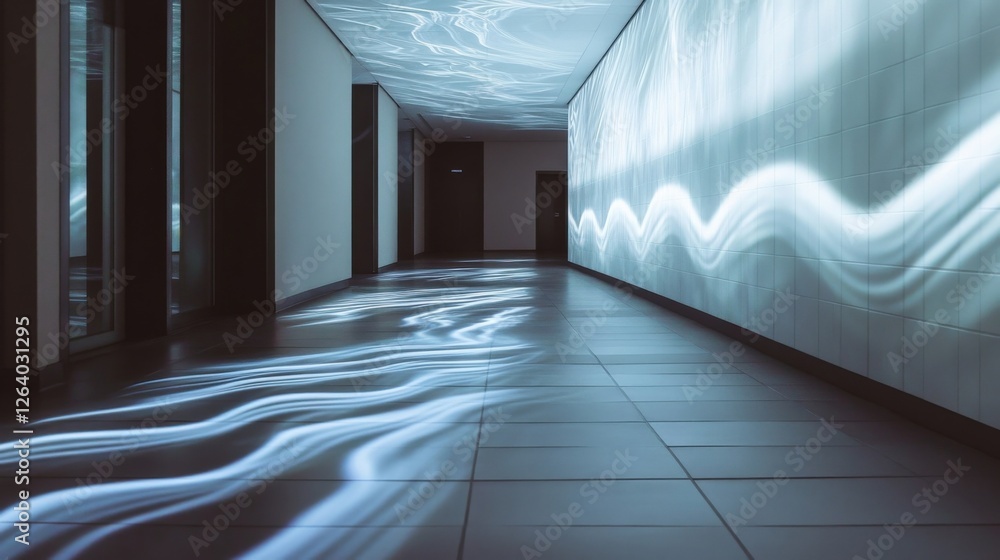 Poster light painting projected onto the walls and floor of a corridor creates a mesmerizing wavy pattern, 