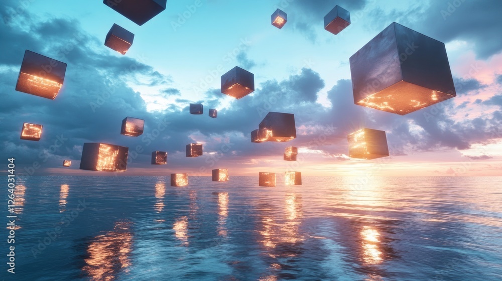 Poster A maze of glowing floating cubes hovers above a reflective ocean, combining geometric precision with surreal, futuristic 3D fantasy elements.