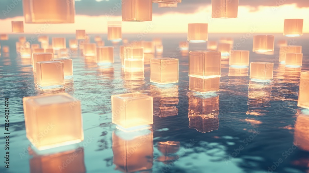 Poster a maze of glowing floating cubes hovers above a reflective ocean, combining geometric precision with