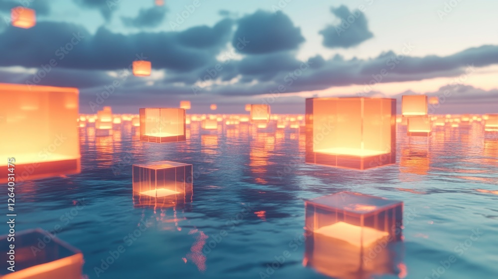 Poster A maze of glowing floating cubes hovers above a reflective ocean, combining geometric precision with surreal, futuristic 3D fantasy elements.