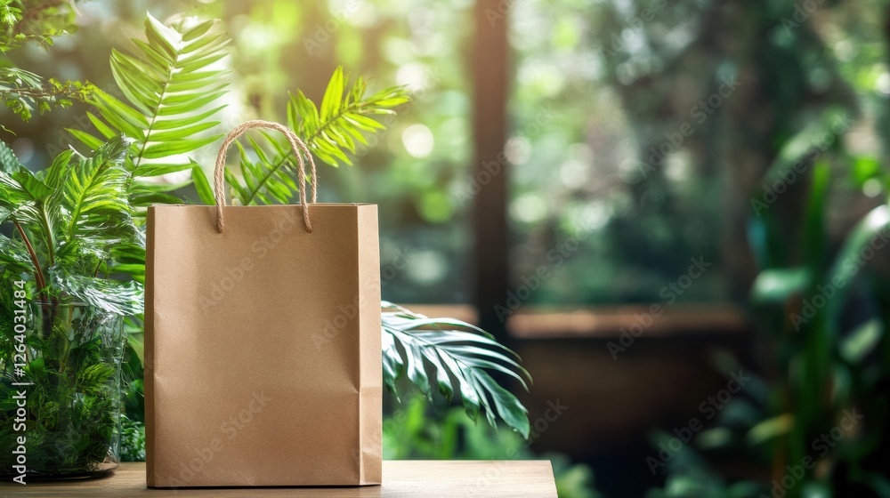 Poster eco friendly paper bag placed on a table surrounded by lush green plants in a natural indoor setting