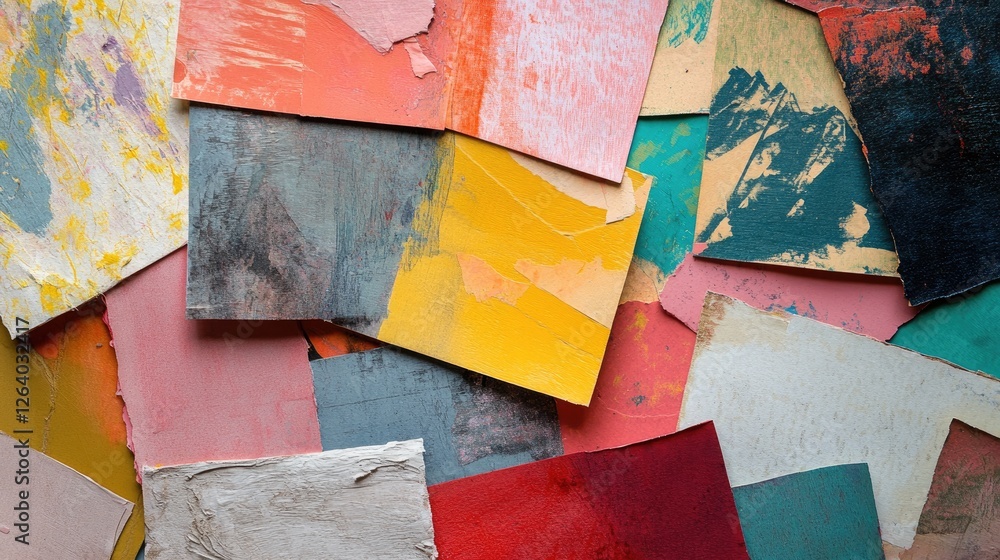 Poster a mix of colorful, textured papers spread across a surface, featuring bold and muted tones with visi