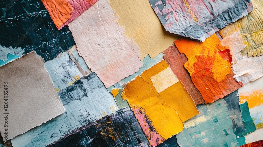 Poster a mix of colorful, textured papers spread across a surface, featuring bold and muted tones with visi